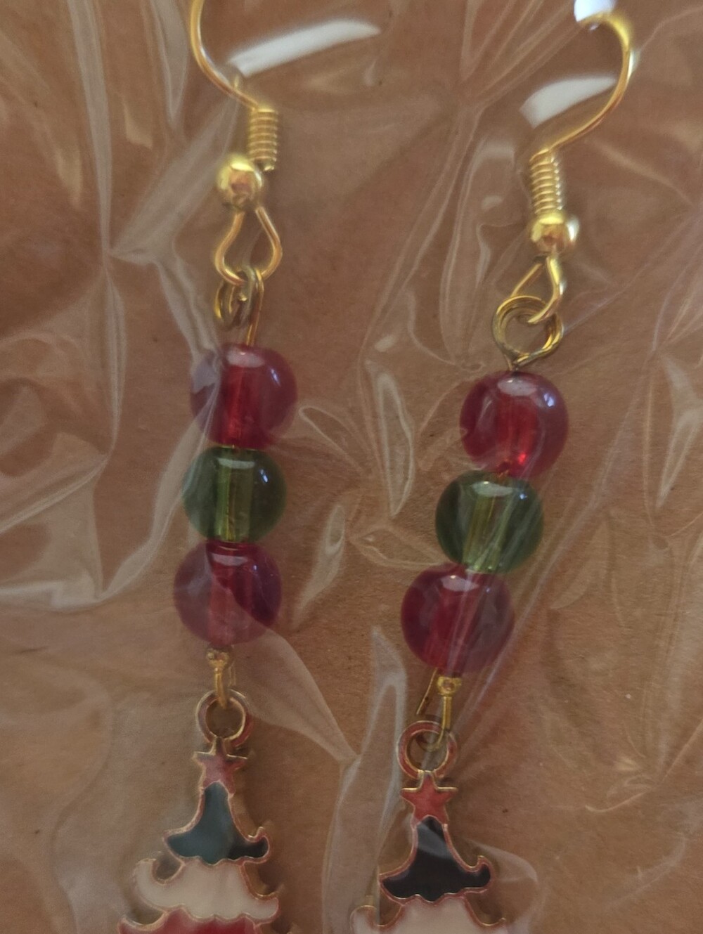 Handmade Gold-Tone Earrings with Red and Green Beads